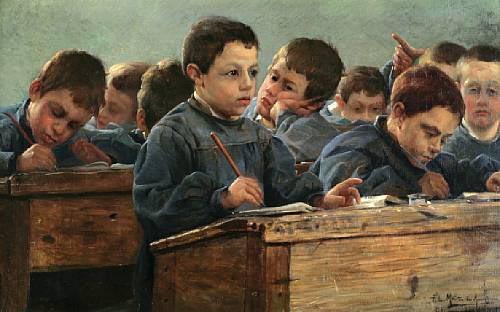 Paul Louis Martin des Amoignes In the classroom. Signed and dated P.L. Martin des Amoignes 1886 France oil painting art